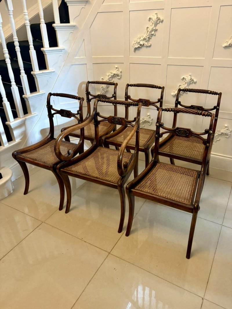 Antique Regency Mahogany Dining Chairs – Set of Six with Cane Seats, Five Singles & One Carver